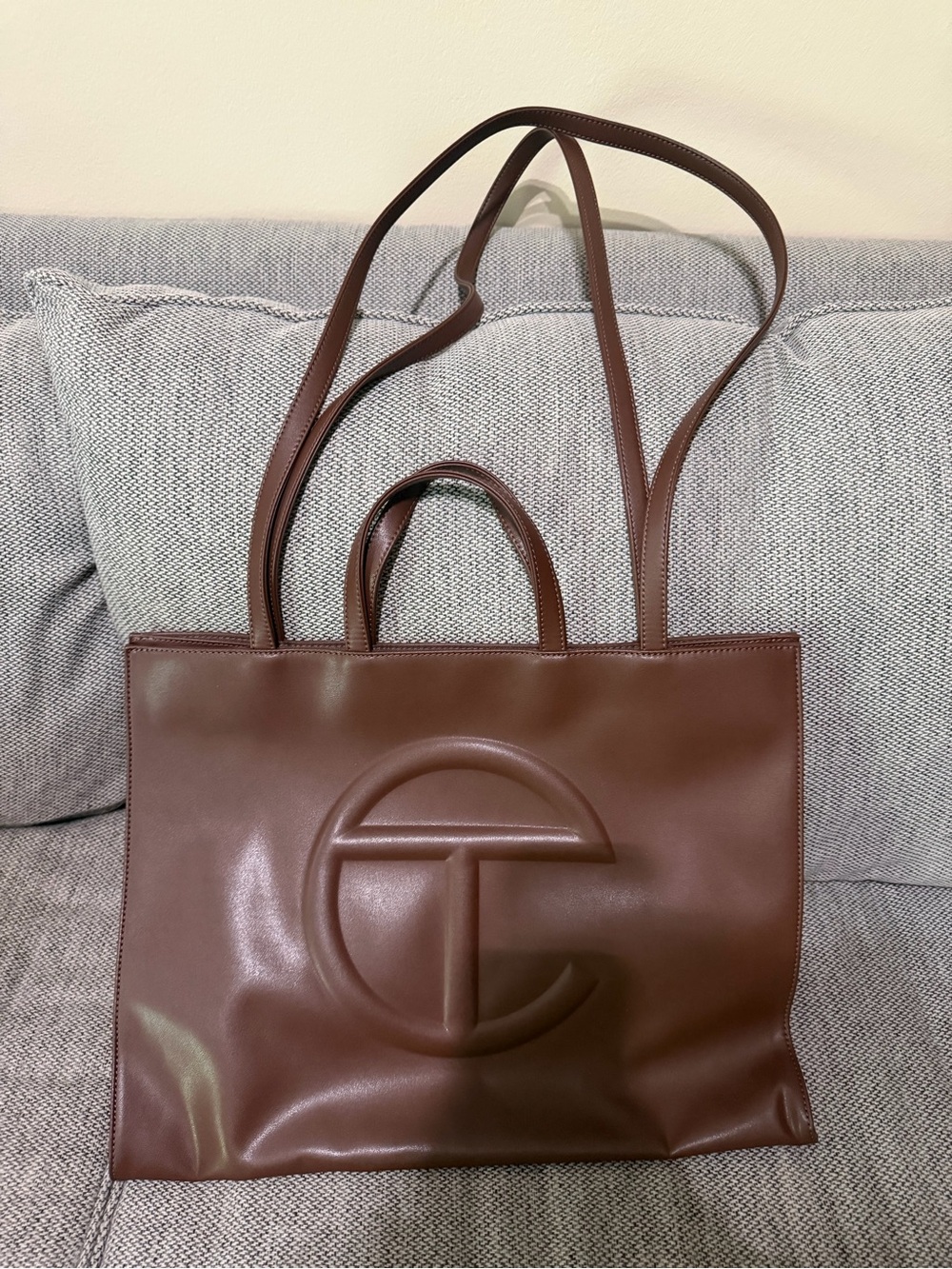 Telfar Large Brown Shopping Tote with Embossed Logo